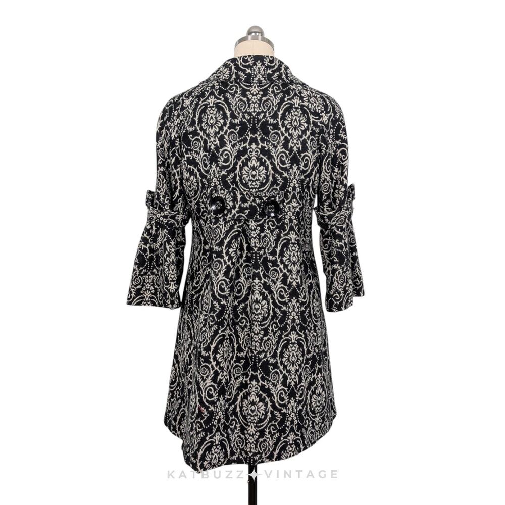 Retro Floral Peacoat Jacket L Black White Twee Glam Lady Bell Sleeve Coat Y2K - Picture 2 of 12